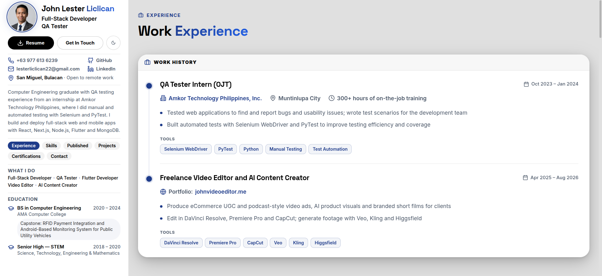 Full-stack dev & QA tester portfolio website screenshot by jhnlstrlclcn