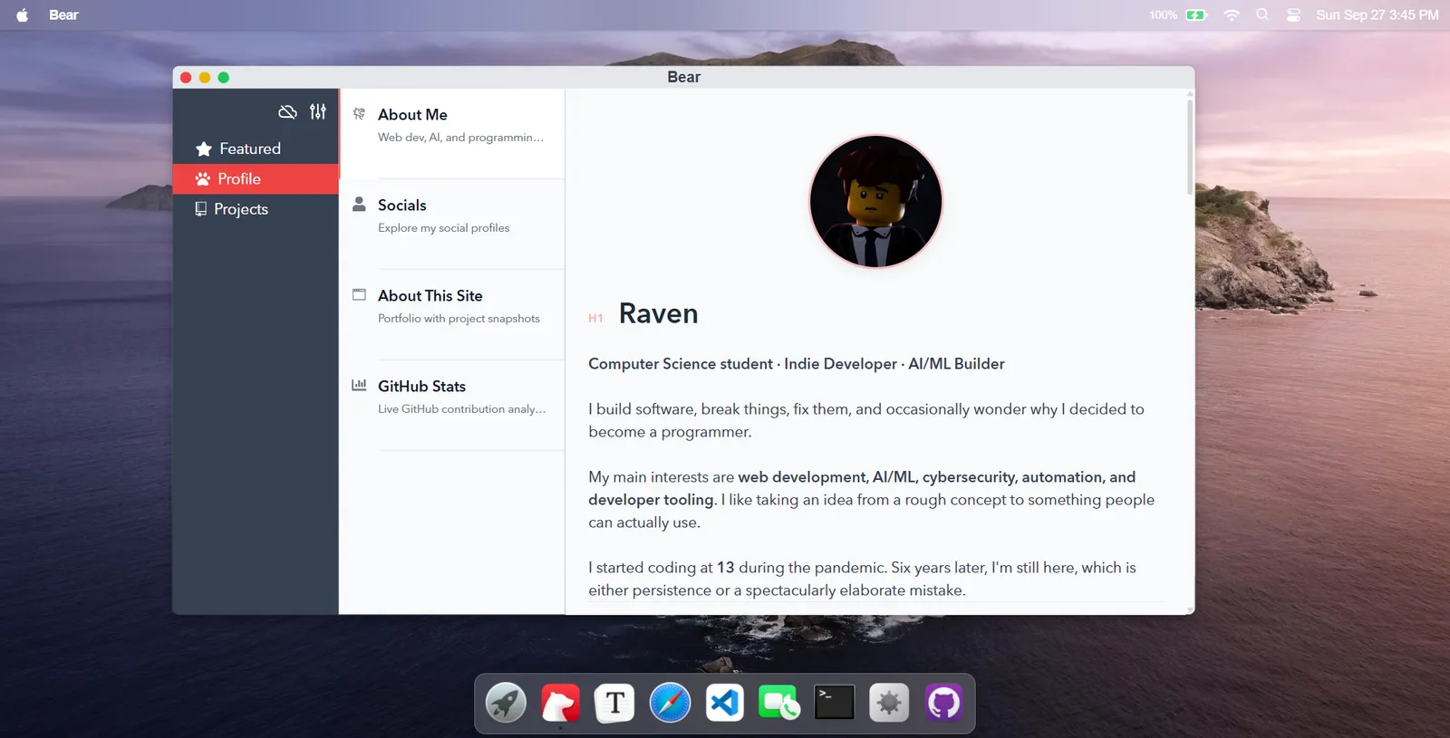 Raven Mac OS Portfolio portfolio website screenshot by ravravpogi10