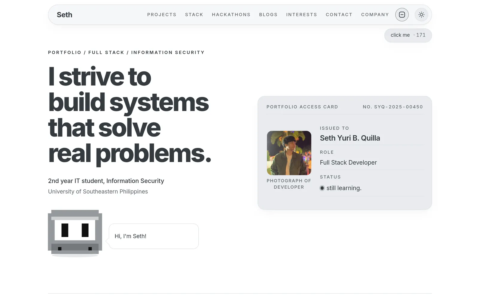Seth Yuri Quilla | Full Stack Developer portfolio website screenshot by stang6255