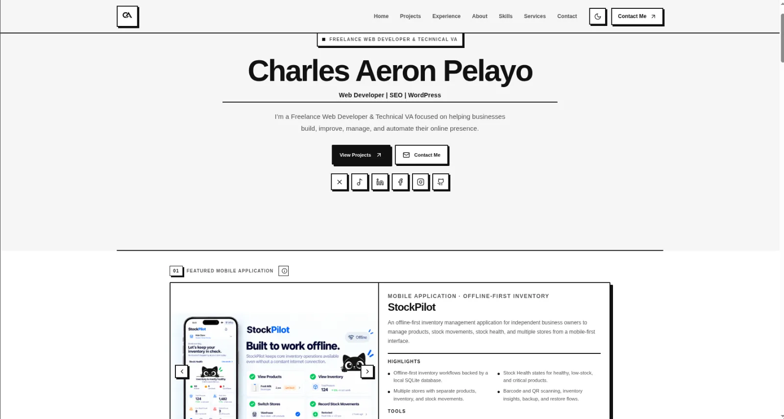 Freelance portfolio website screenshot by riz8504