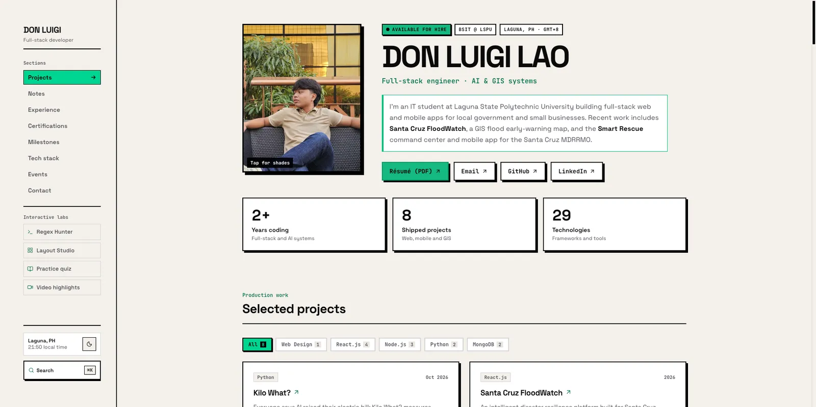 Don Luigi Full-stack developer portfolio website screenshot by Don Luigi Lao